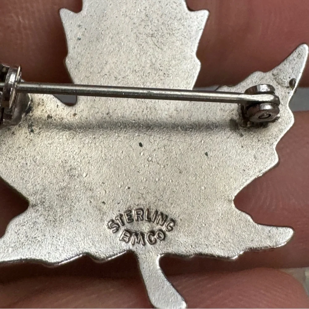 Vintage Sterling Silver Enameled Maple Leaf Brooch Marked BMCo